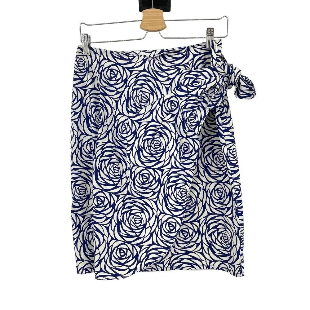 Boden Rose Printed Navy Blue White Sarong Side Tie Pencil Skirt Size US 6R